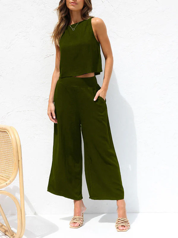 Heidi-Mode | Damen Lässige Ärmellose Knopfleiste Weste Kurze Weit Geschnittene Hose Baumwolle und Leinen Anzug - Image 3
