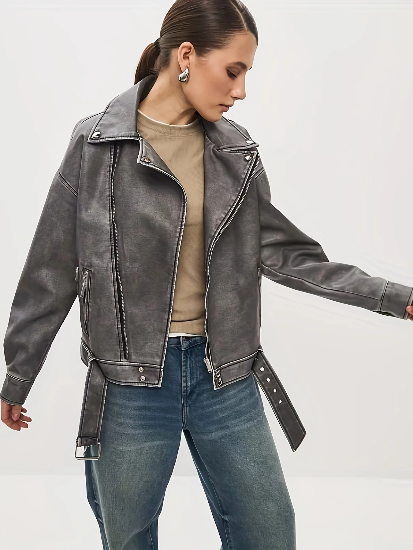 Heidi-Mode | Damen Oversize Lederjacke mit Gürtel - Image 2