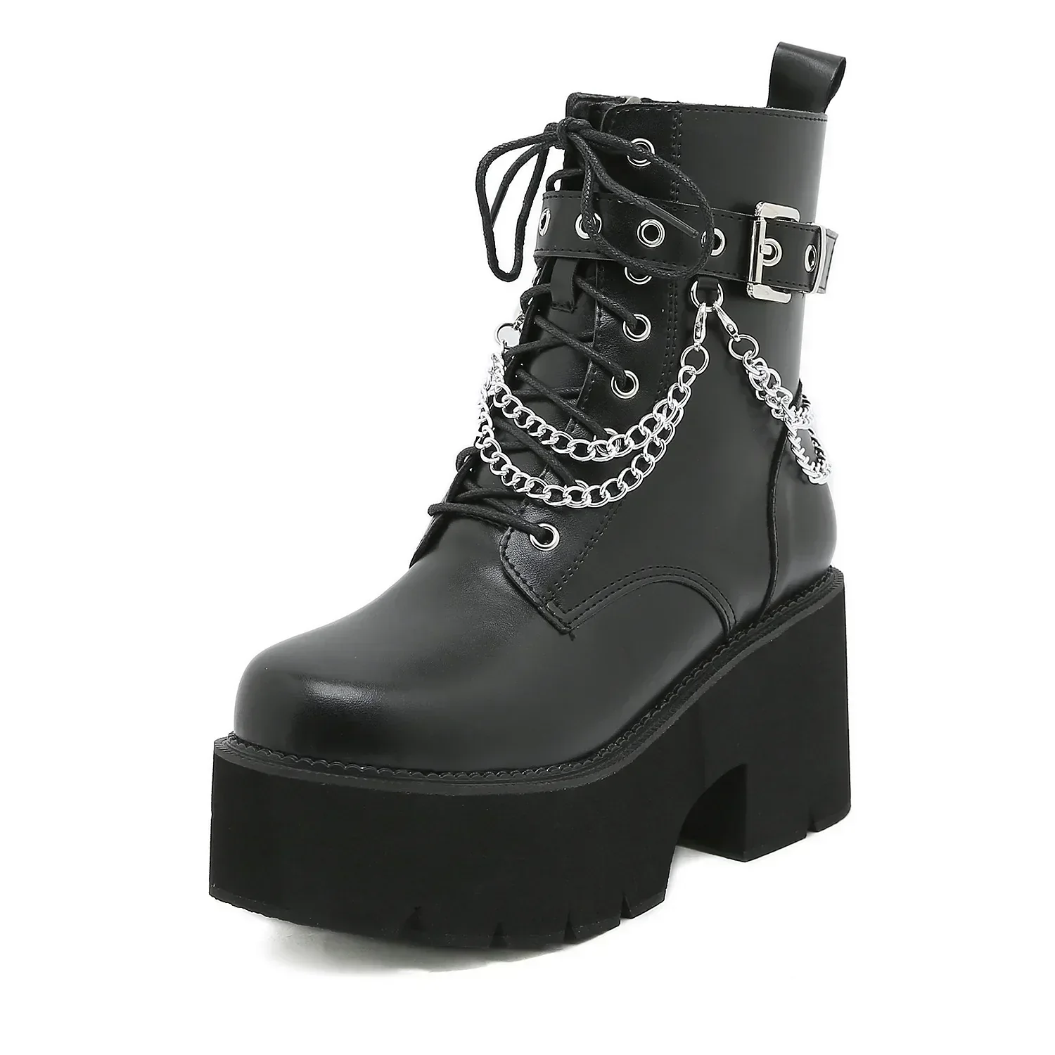 Heidi-Mode | Frauen Plattform Schuhe Schwarze Gothic Schnalle Pu Leder Frau Creeper Punk Schuhe Weiblich Schwarze Stiefeletten Kurze Kampf Stiefel für Frauen