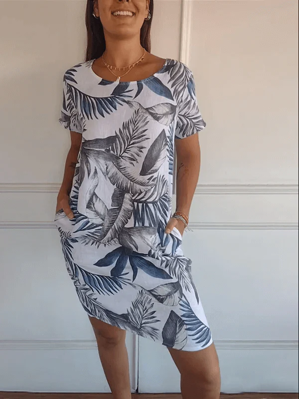 Heidi-Mode | Baumwolle und Leinen Rundhalsbedrucktes Kleid - Image 12