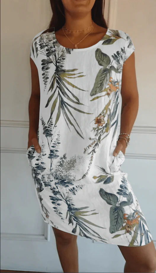 Heidi-Mode | Baumwolle und Leinen Rundhalsbedrucktes Kleid - Image 5