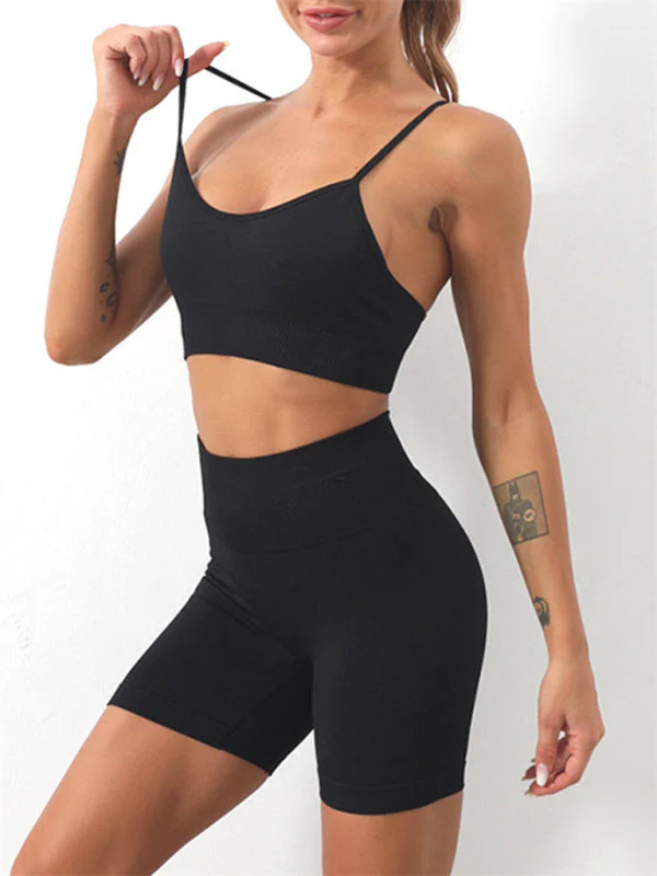 Heidi-Mode | Damen Nahtloses Unifarbenes Cami Yoga Sport Bh + Shorts Zweiteiliges Set - Image 5