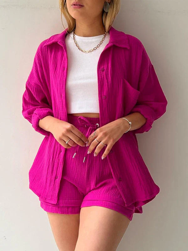Heidi-Mode | Damen Einfarbiges Reverskragen Hemd & Shorts Zweiteiliges Set
