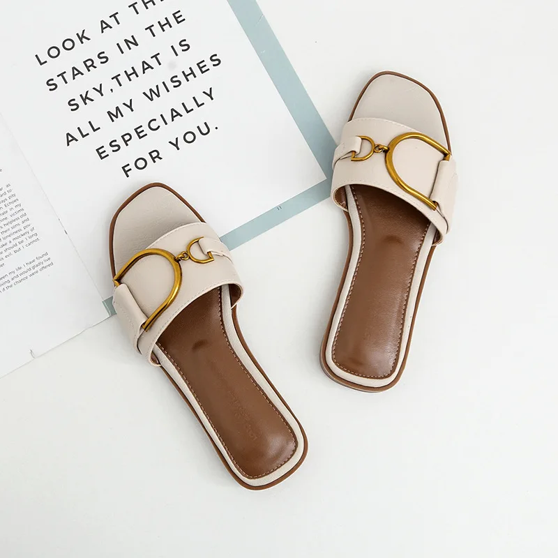 Heidi-Mode | Damen-Slipper Aus Vegan-Leder mit Quadratischer Zehenpartie Designer-Flats mit Metallverzierung, Outdoor-Flip-Flops, Gummisohle - Image 7
