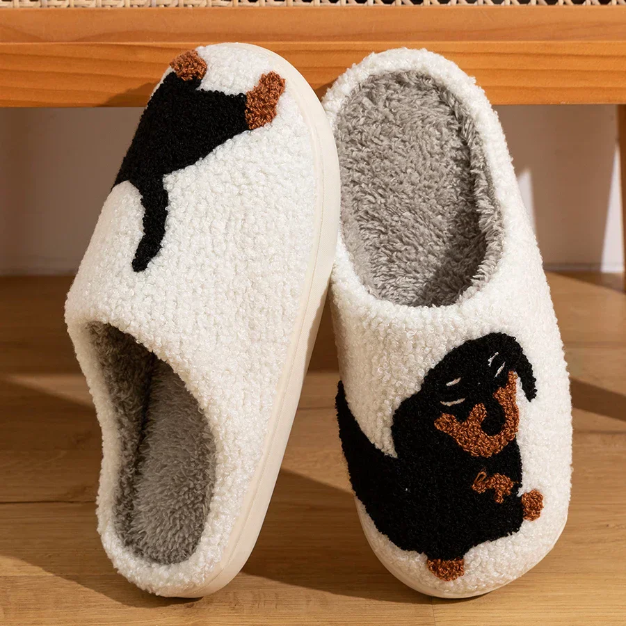 Heidi-Mode | Damen Slipper Kleine Schwarze Hund Weiche Plüsch Hausschuhe