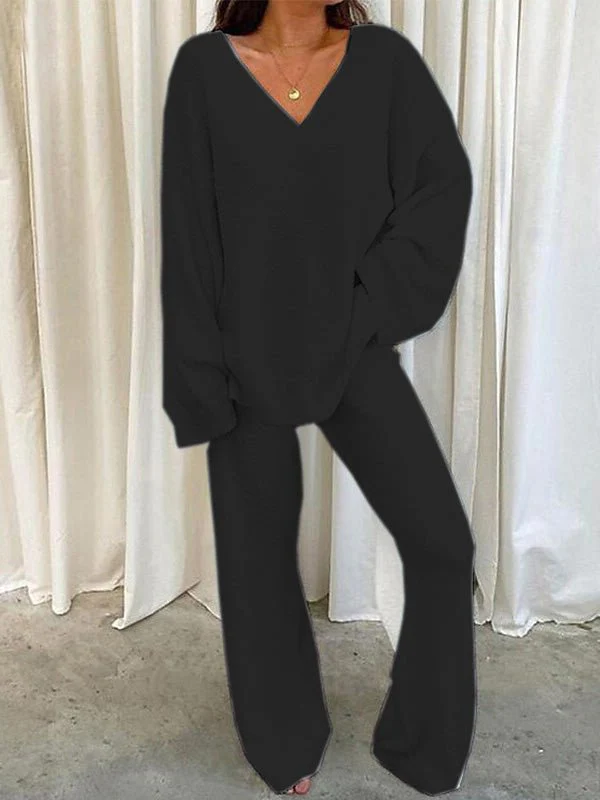 Heidi-Mode | Damen Set Einfarbig V-Ausschnitt Lässige Langarm Top & Hose Warm Zweiteilig Set - Image 7