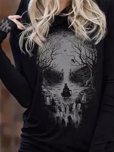 Heidi-Mode | Damen Kapuzenpullover mit Totenkopfprint Langarm Kapuzenpullover