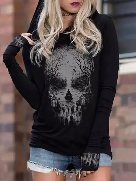 Heidi-Mode | Damen Kapuzenpullover mit Totenkopfprint Langarm Kapuzenpullover - Image 3