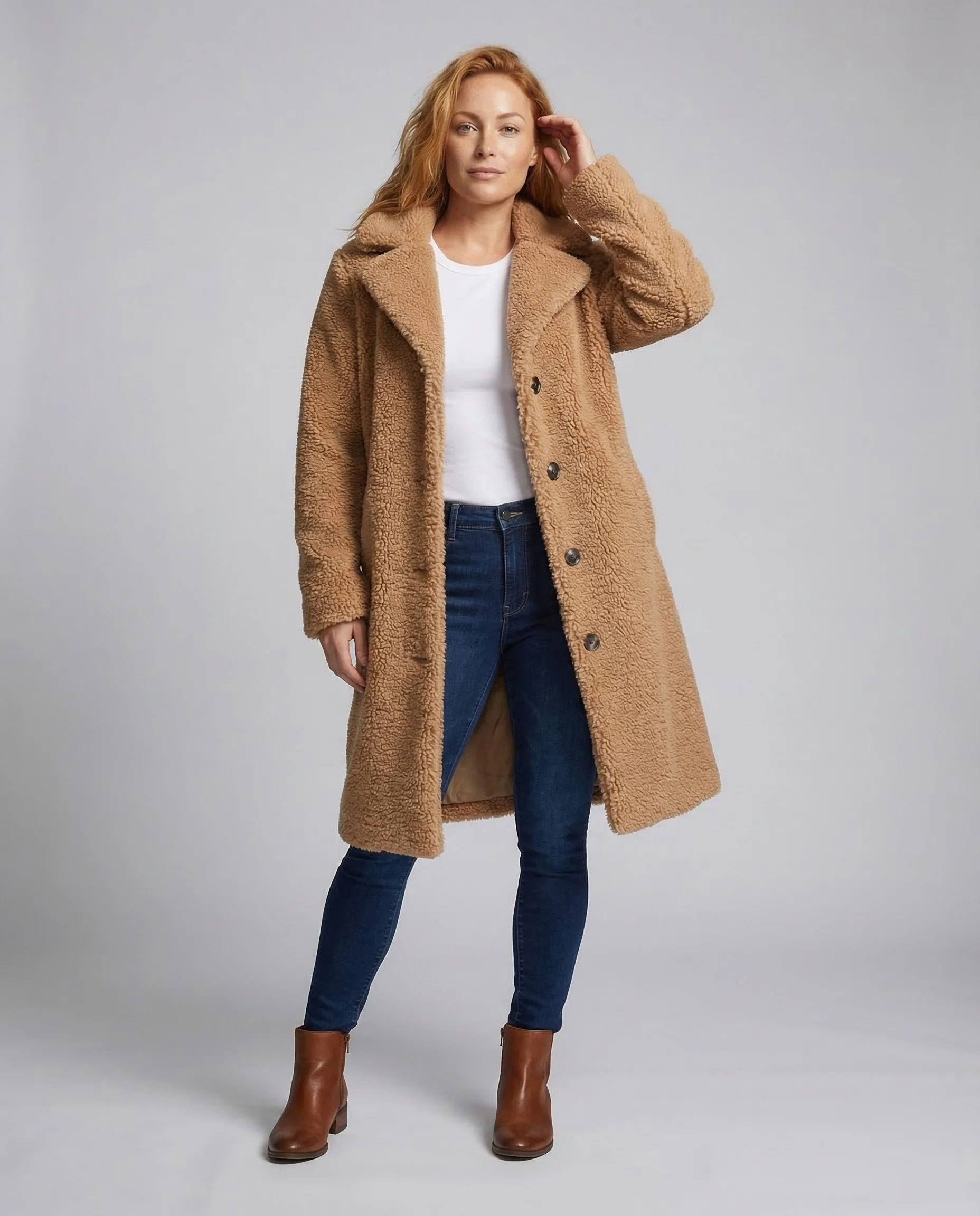 Damen Teddy-Mantel aus Kunstfell mit Reverskragen & Knopfleiste | Heidi-Mode