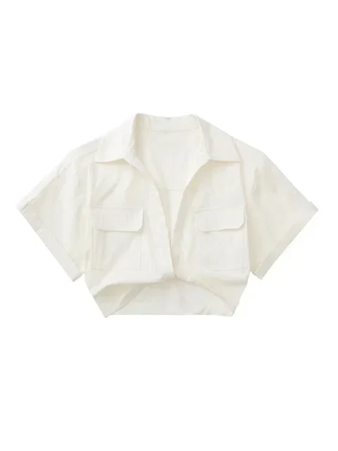 Heidi-Mode | Damen Vintage Kurzarm Leinen Crop Shirt - Image 6