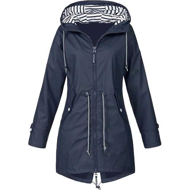 Heidi-Mode | Damen Wasserdichter Hoodie-Trenchcoat mit Taillenkordelzug, Reißverschluss und Außentaschen - Image 11