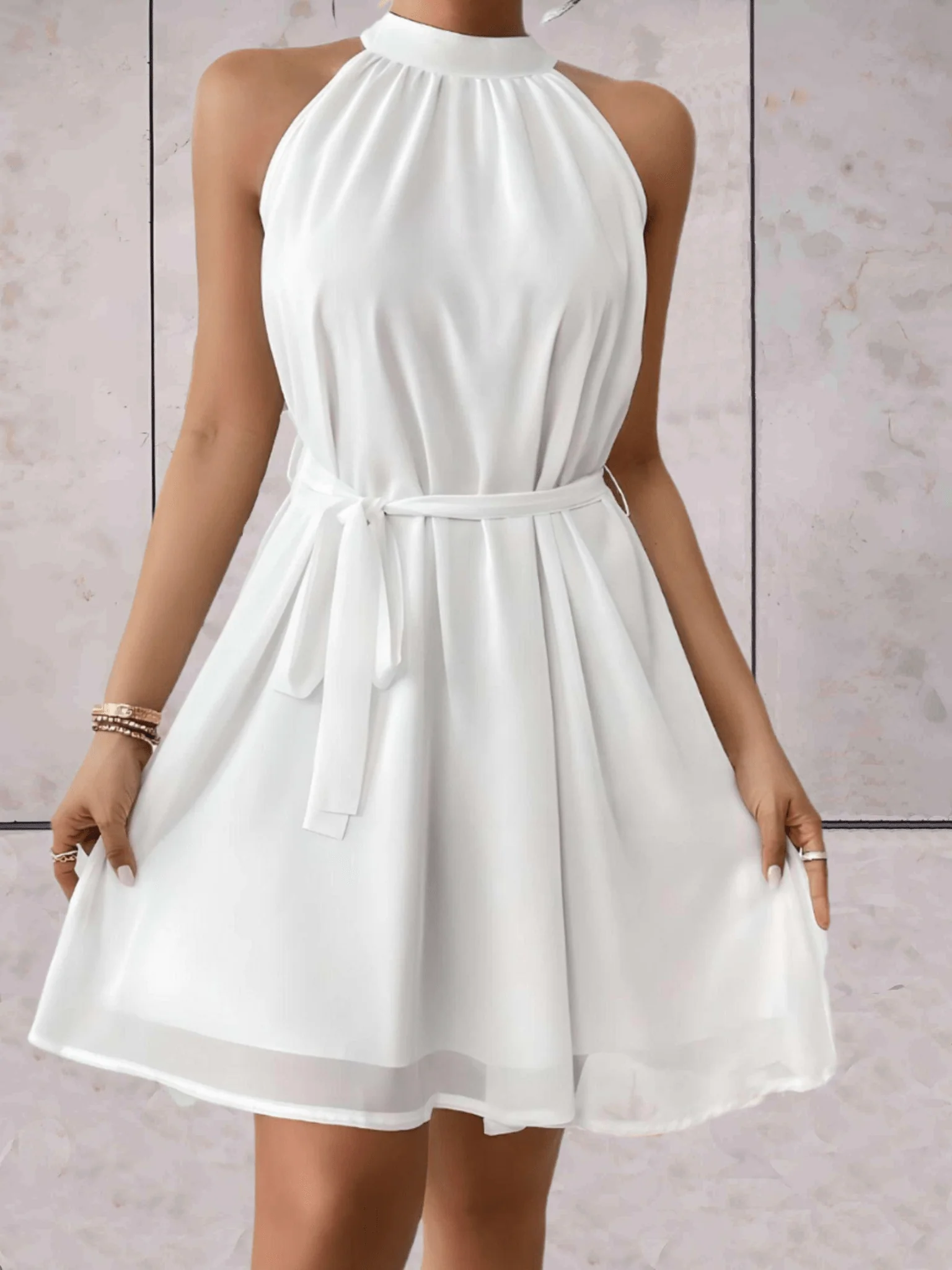 Heidi-Mode | Danes Mini Kleid Einfarbiges Ärmelloses Kleid mit Rundhalsausschnitt und Bindegürtel - Image 8