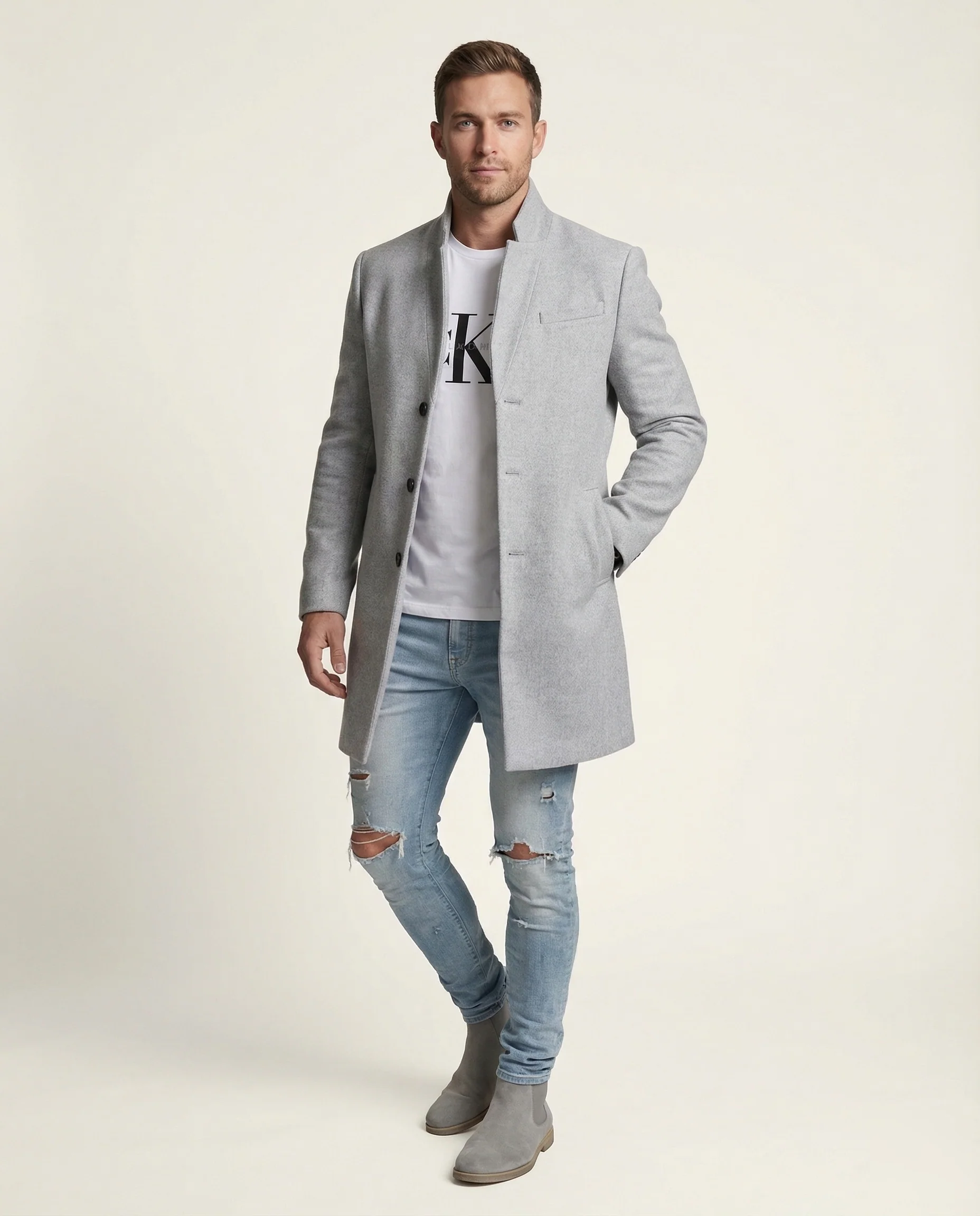 Herren Mid-Length Mantel mit Schmaler Silhouette & Stehkragen | Heidi-Mode