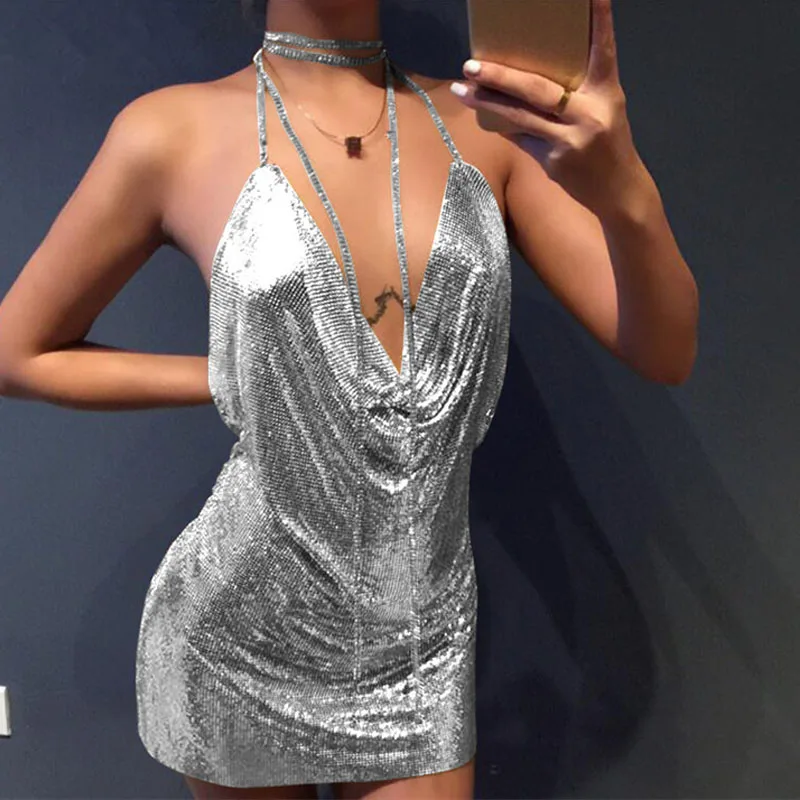 Heidi-Mode | Diamond Halter Rückenfreies Split Metallisch Mini Kleid - Image 8
