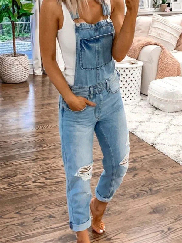 Heidi-Mode | Doppel Schulter Träger Zerrissener Denim Overall Damen Lässig - Image 5