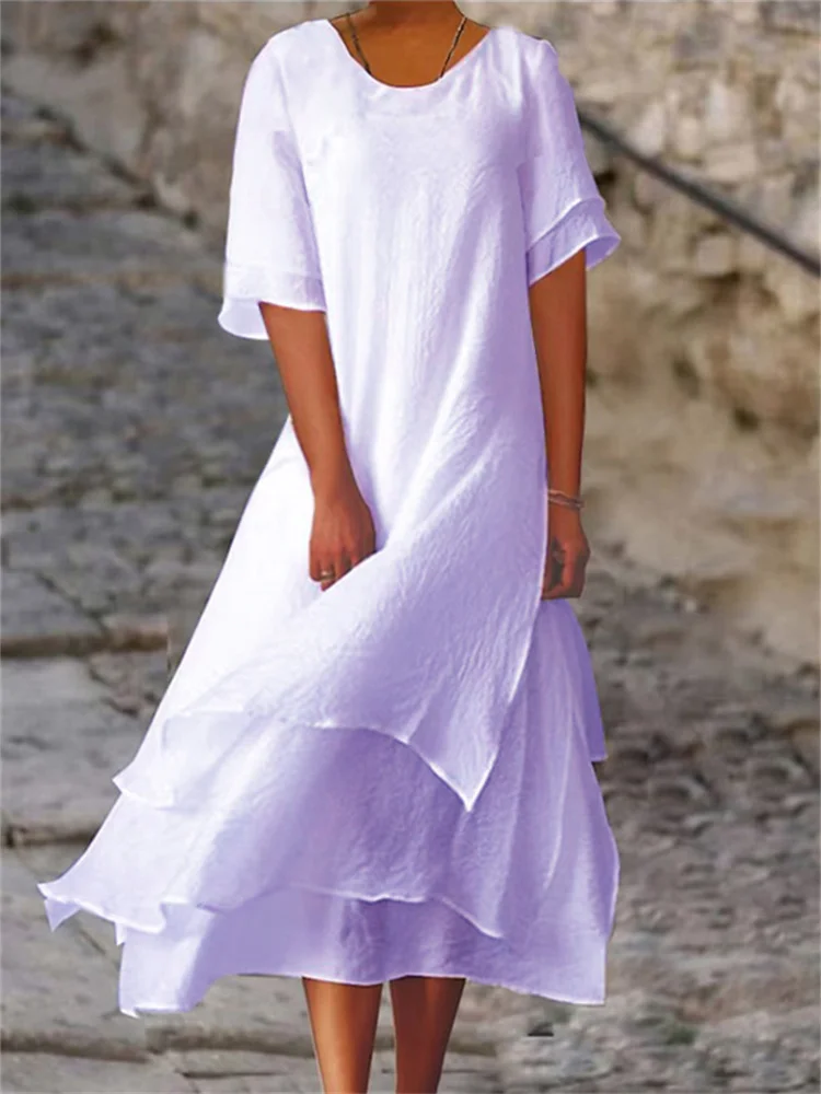 Heidi-Mode | Doppellagiges Geschlitztes Kurzärmeliges Kleid mit Rundhalsausschnitt - Image 3