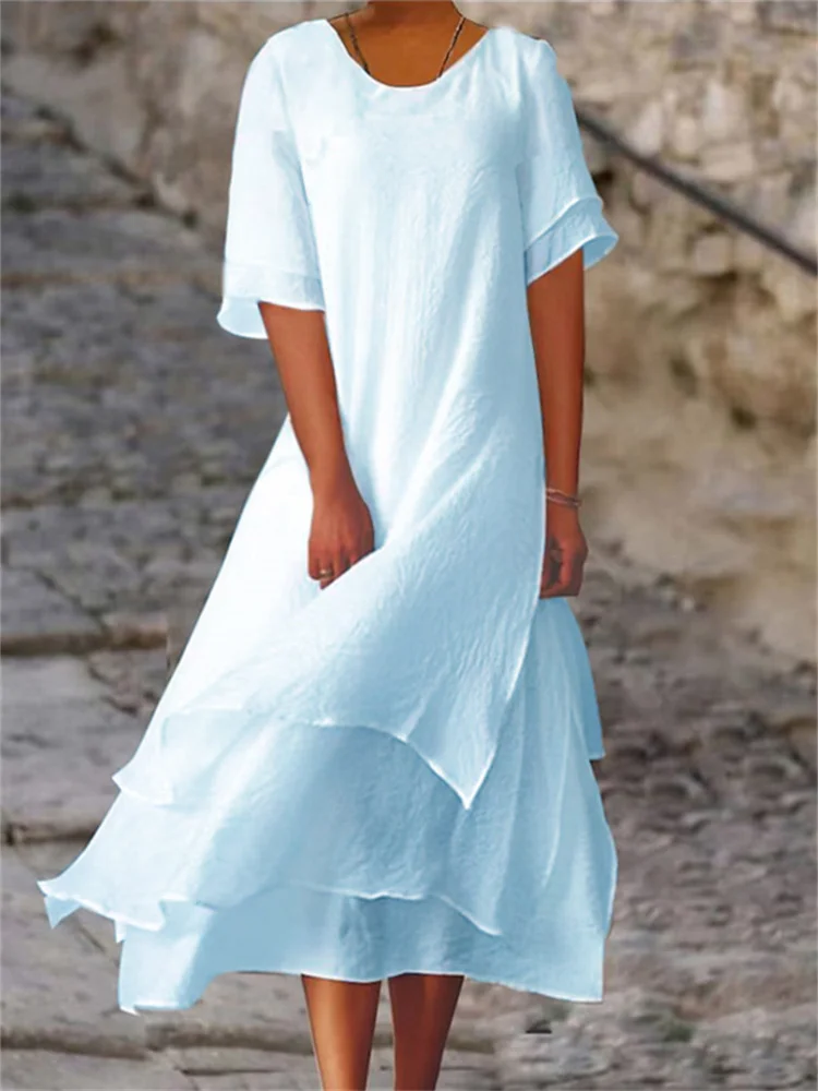 Heidi-Mode | Doppellagiges Geschlitztes Kurzärmeliges Kleid mit Rundhalsausschnitt - Image 4
