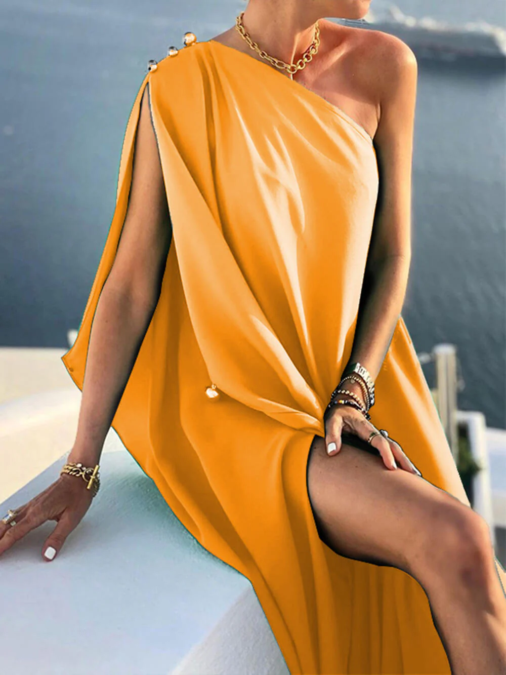 Heidi-Mode | Drapiertes Maxikleid mit Einer Schulter für Damen - Image 3