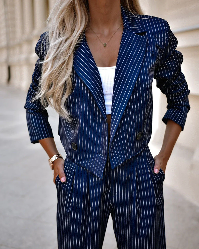 Heidi-Mode | Teil Blazer und Hose - Gestreifter Cropped Blazer und Weite Hose mit Hoher Taille - Image 5