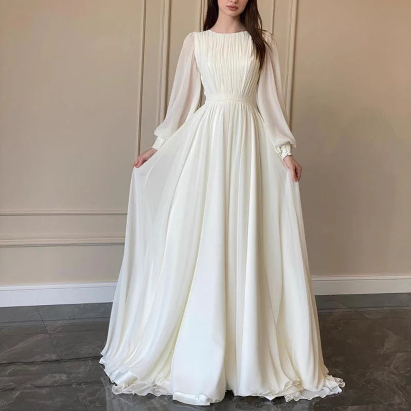 Heidi-Mode | Durchsichtiges Weißes Hochzeitskleid Rundhalsausschnitt Lange Ärmel Kleid