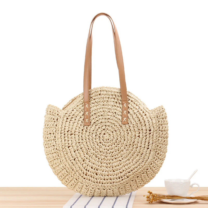 Heidi-Mode | Schlichte Runde Schultertasche Strohtasche Sommer Strandtaschen