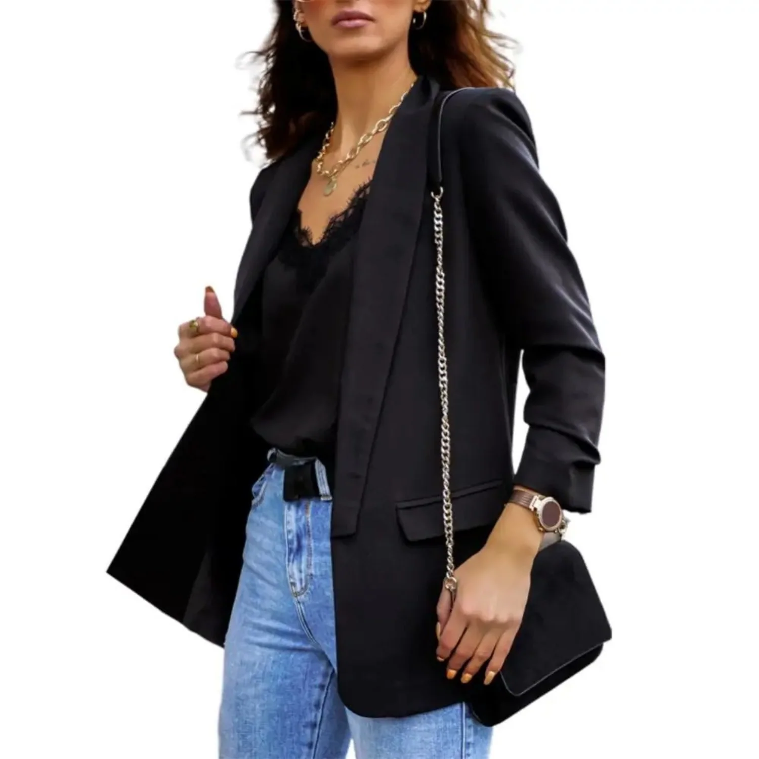 Heidi-Mode | Einfarbige Jacke, Moderner Damen Blazer mit Revers und Langen Ärmeln - Image 4