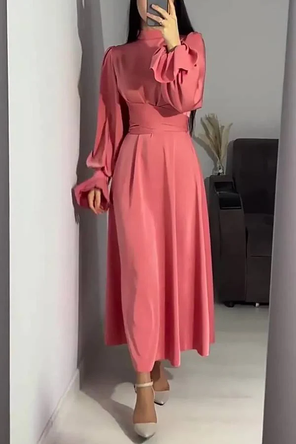 Heidi-Mode | Einfarbiger Rüschensleeve Taillierter Krawatten Slim Fit Maxikleid - Image 10
