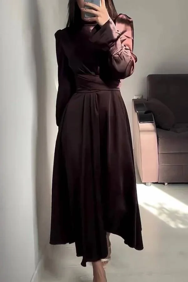Heidi-Mode | Einfarbiger Rüschensleeve Taillierter Krawatten Slim Fit Maxikleid - Image 16