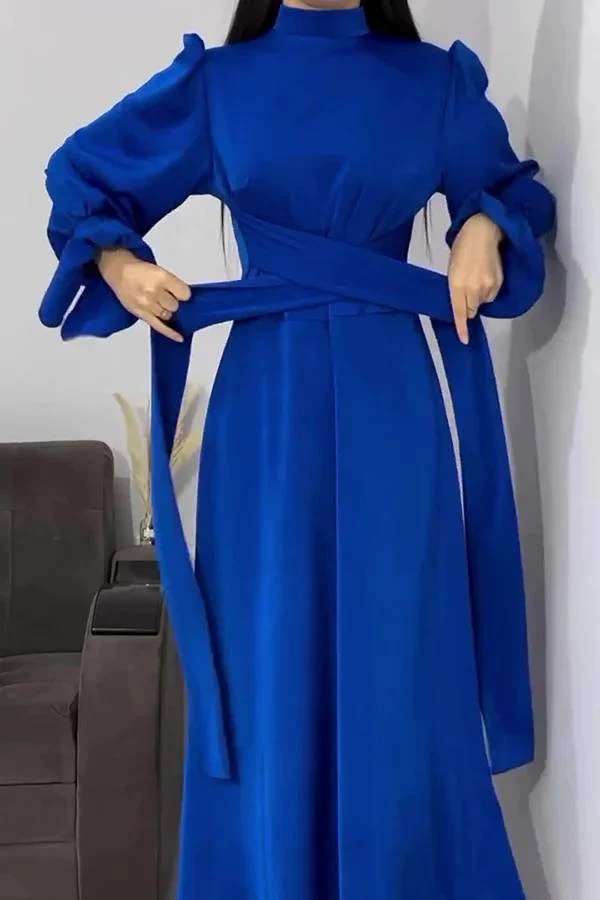 Heidi-Mode | Einfarbiger Rüschensleeve Taillierter Krawatten Slim Fit Maxikleid - Image 5