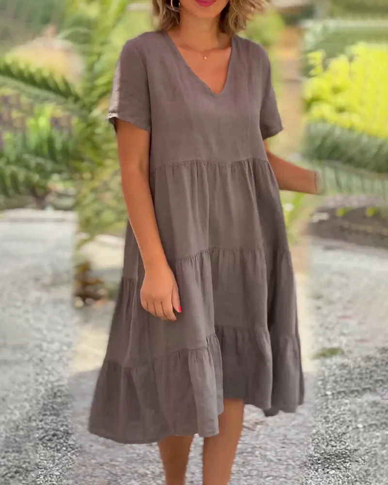 Heidi-Mode | Einfarbiges Kleid Aus Baumwoll-Leinen mit V-Ausschnitt