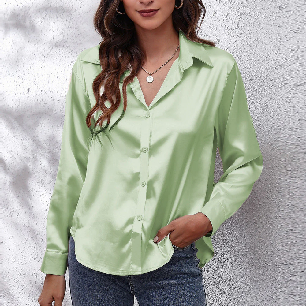 Heidi-Mode | Einfarbiges Langarmshirt Aus Satinimitatseide für Damen - Image 16