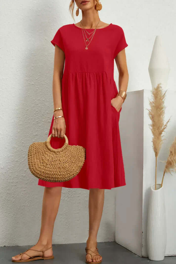 Heidi-Mode | Einfarbiges, Lässiges Kleid mit Kurzen Ärmeln und Rundem Halsausschnitt - Image 7