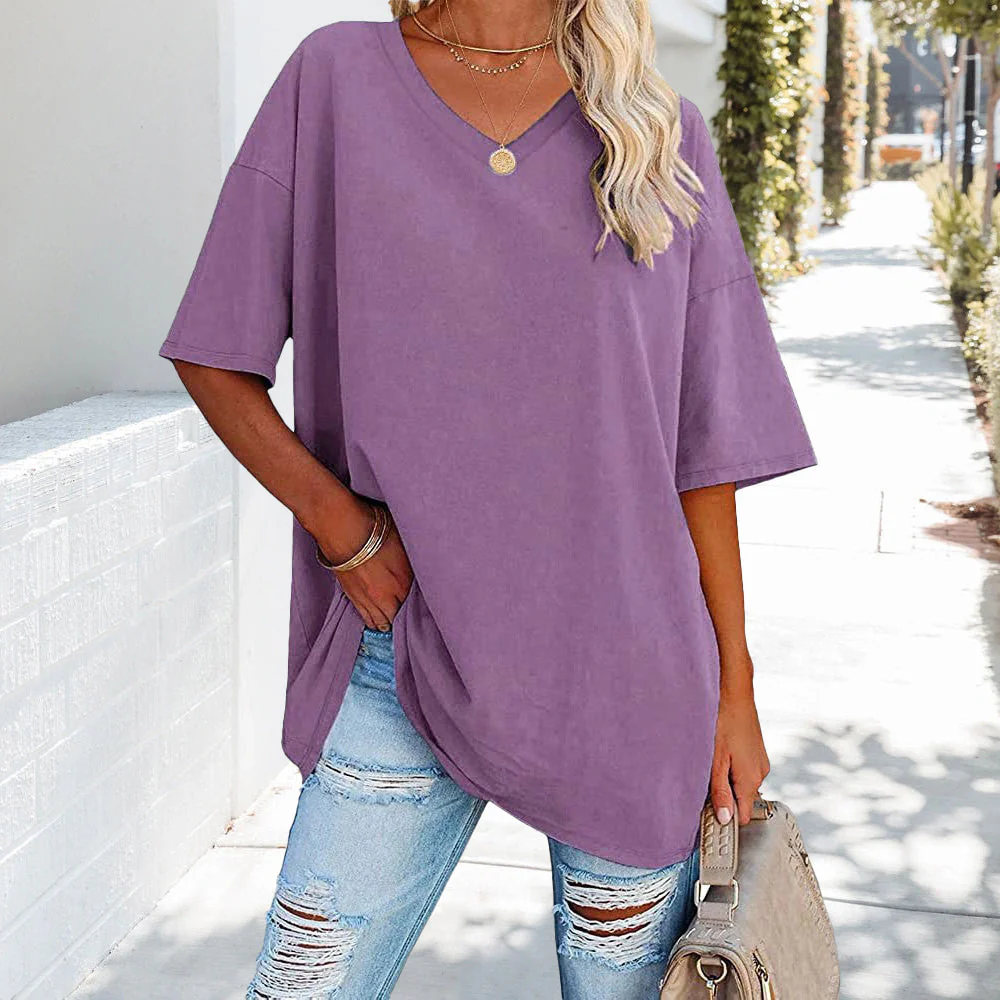 Heidi-Mode | Einfarbiges Neues Damen-T-Shirt Aus Baumwolle mit V-Ausschnitt - Image 10