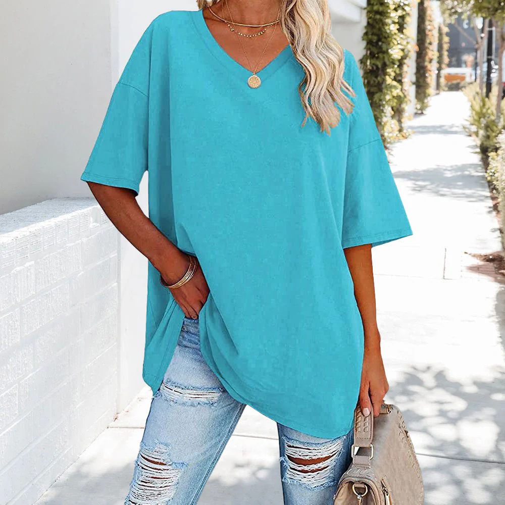 Heidi-Mode | Einfarbiges Neues Damen-T-Shirt Aus Baumwolle mit V-Ausschnitt - Image 14