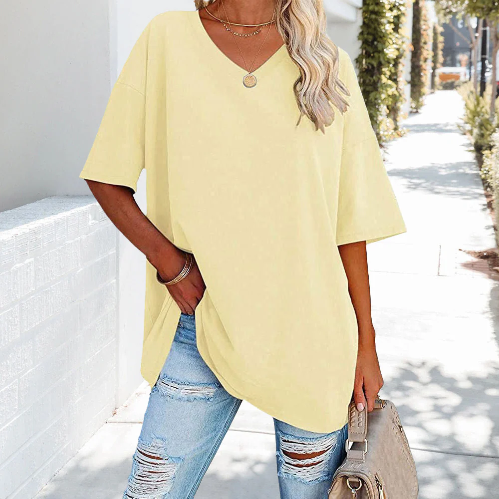 Heidi-Mode | Einfarbiges Neues Damen-T-Shirt Aus Baumwolle mit V-Ausschnitt - Image 16