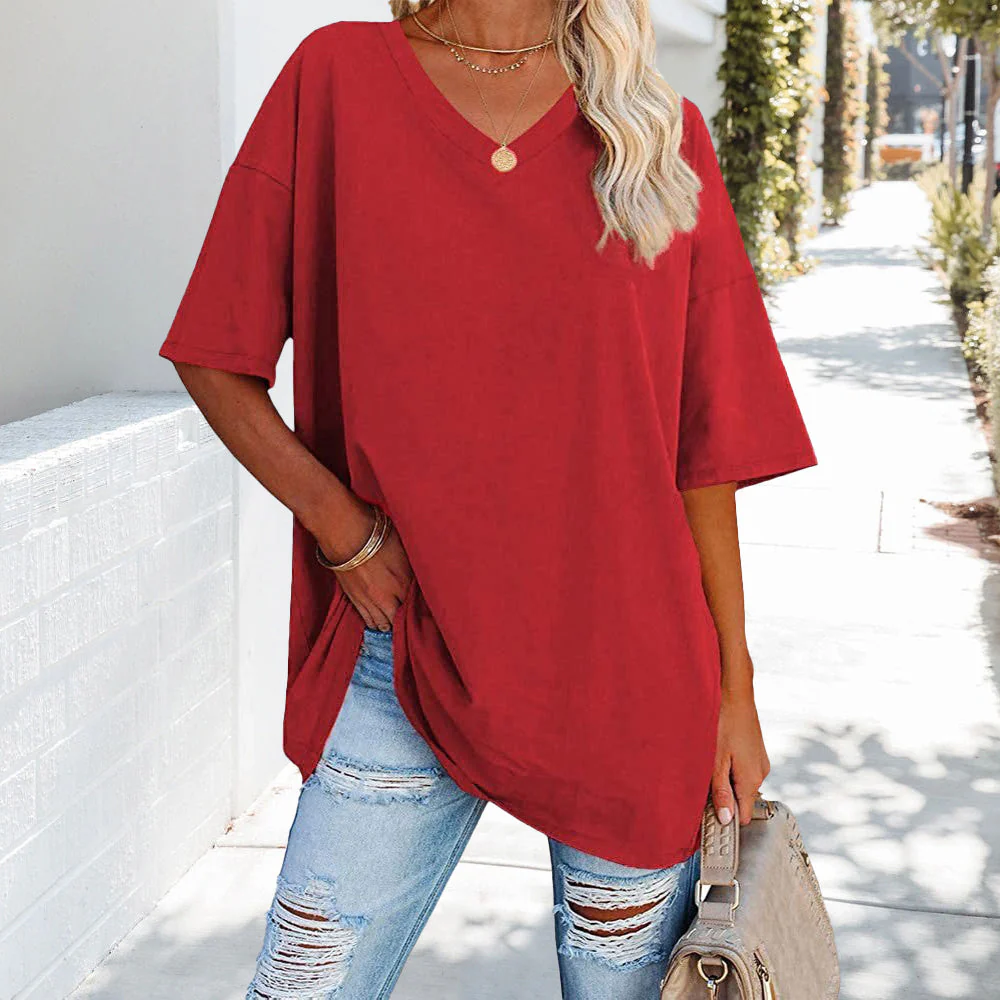 Heidi-Mode | Einfarbiges Neues Damen-T-Shirt Aus Baumwolle mit V-Ausschnitt - Image 6