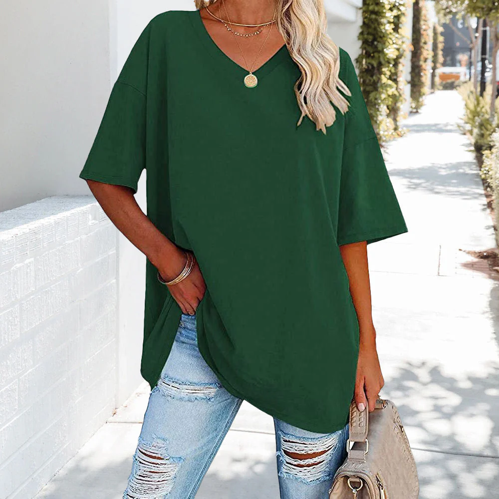 Heidi-Mode | Einfarbiges Neues Damen-T-Shirt Aus Baumwolle mit V-Ausschnitt - Image 9