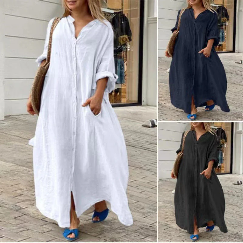 Heidi-Mode | Einreiher Baumwoll-Leinen Plus Size Langkleid