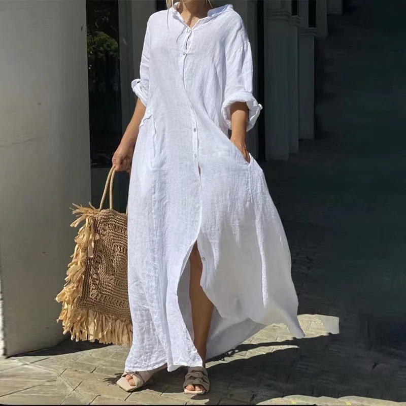 Heidi-Mode | Einreiher Baumwoll-Leinen Plus Size Langkleid - Image 2