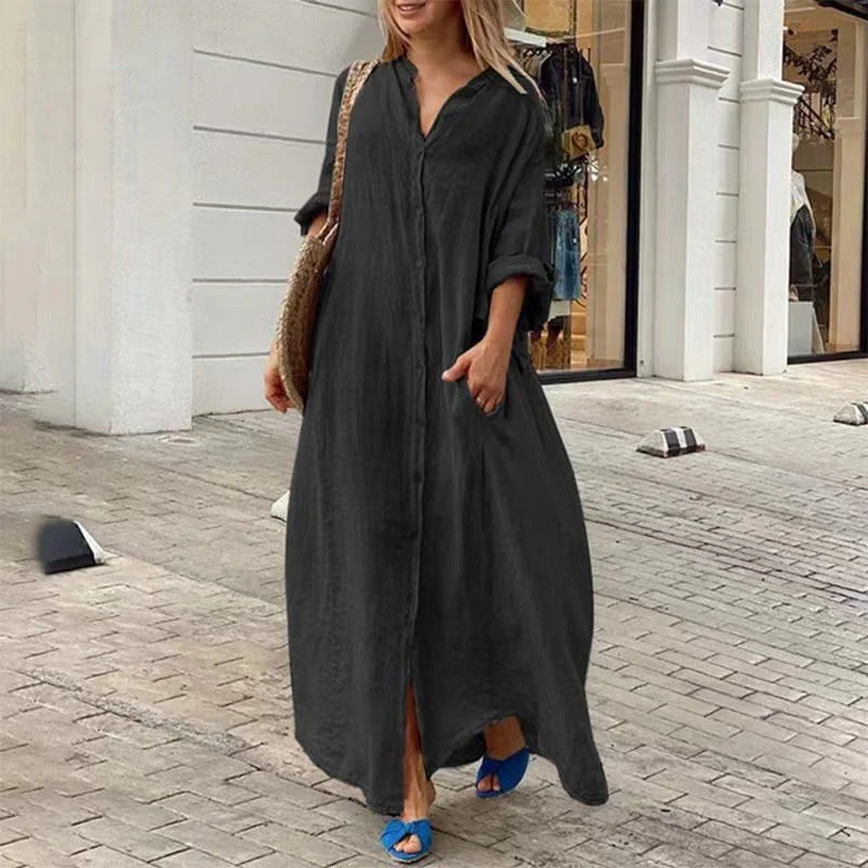 Heidi-Mode | Einreiher Baumwoll-Leinen Plus Size Langkleid - Image 3