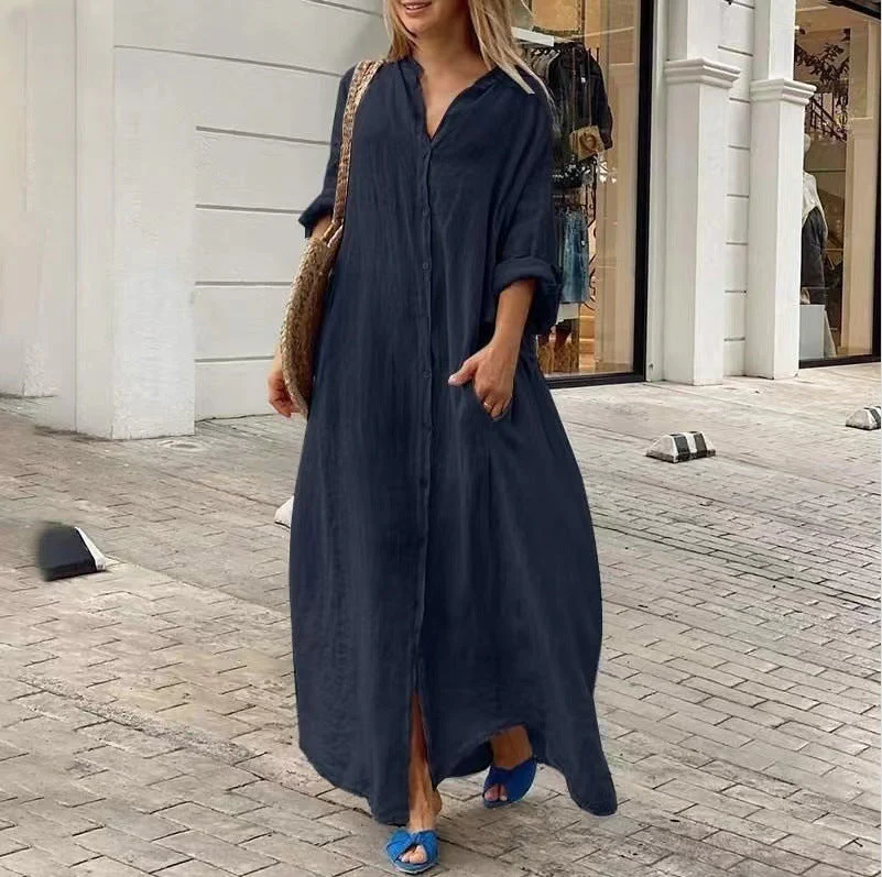 Heidi-Mode | Einreiher Baumwoll-Leinen Plus Size Langkleid - Image 7