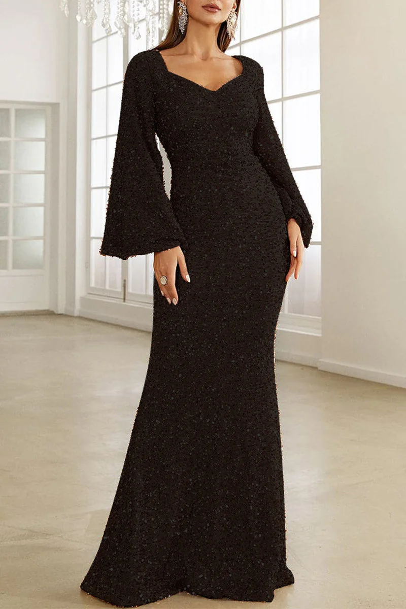 Heidi-Mode | Elegantes Formelles Einfarbiges Pailletten V-Ausschnitt Abendkleid Kleider - Image 11