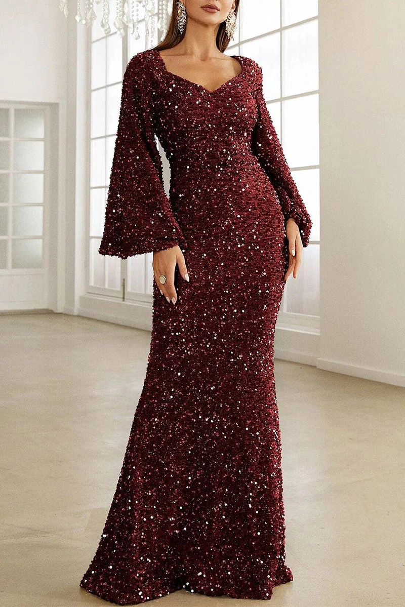Heidi-Mode | Elegantes Formelles Einfarbiges Pailletten V-Ausschnitt Abendkleid Kleider - Image 5