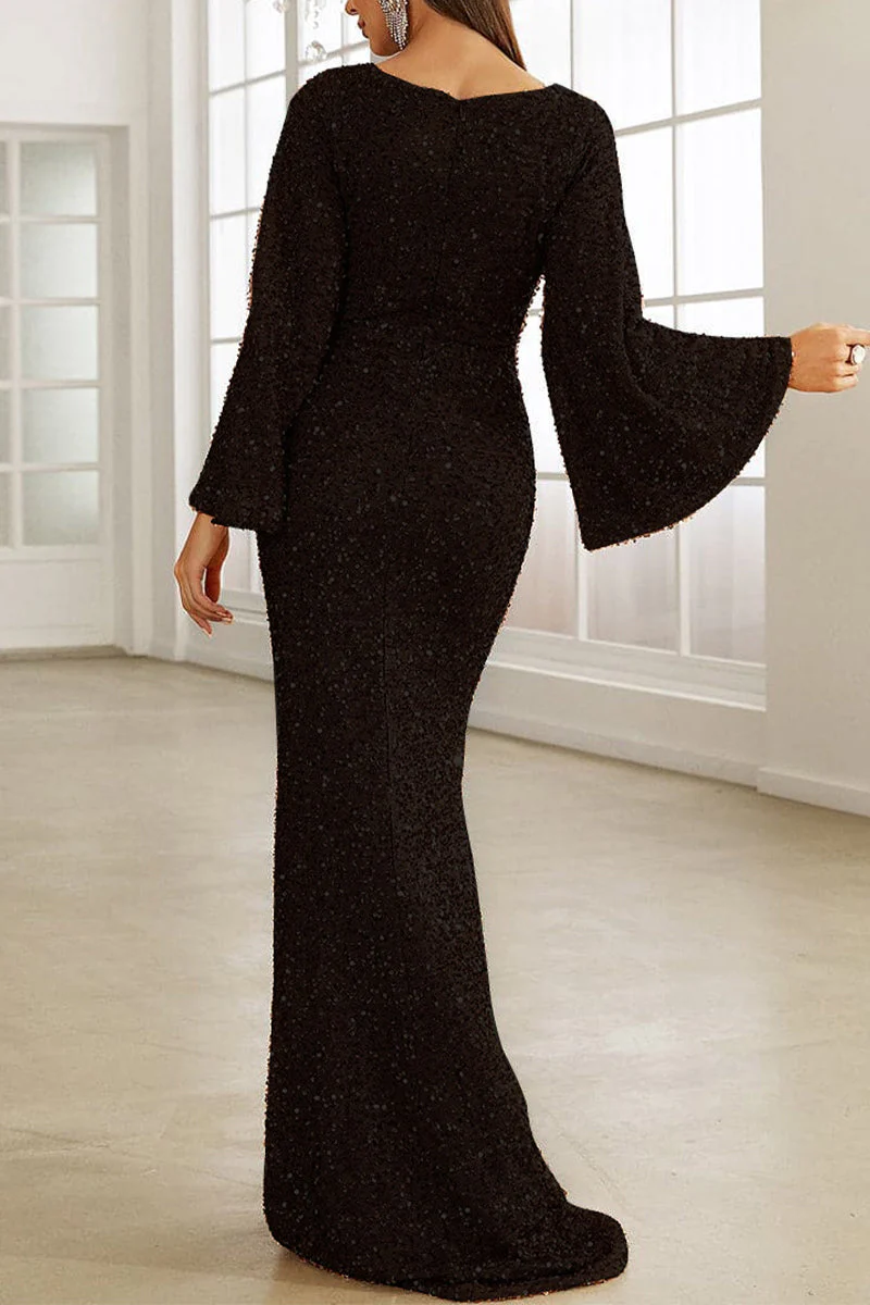 Heidi-Mode | Elegantes Formelles Einfarbiges Pailletten V-Ausschnitt Abendkleid Kleider - Image 7