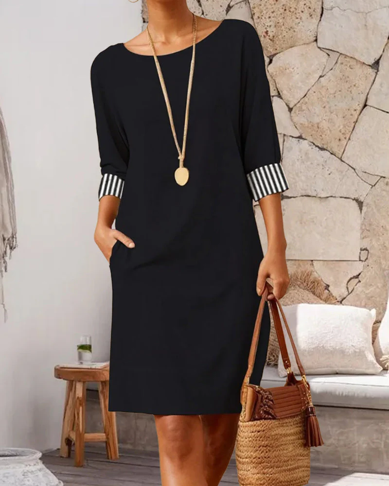 Heidi-Mode | Elegantes Kleid mit Rundhalsausschnitt und Gestreiften Manschetten - Image 2