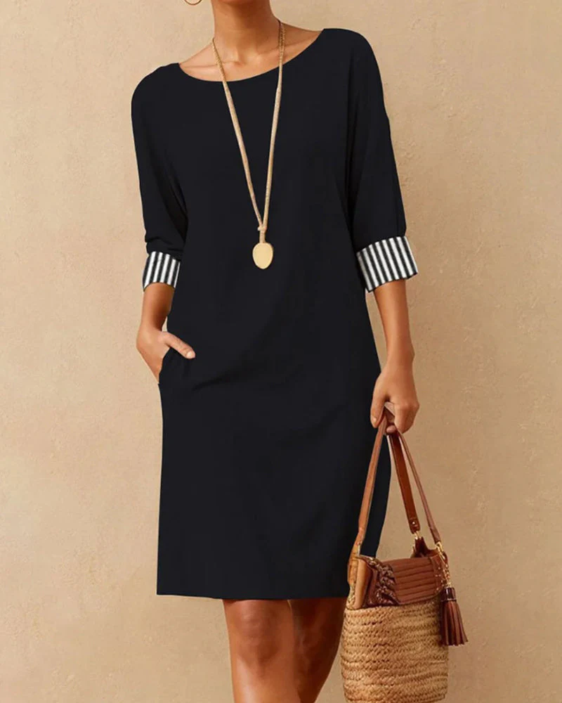 Heidi-Mode | Elegantes Kleid mit Rundhalsausschnitt und Gestreiften Manschetten - Image 4
