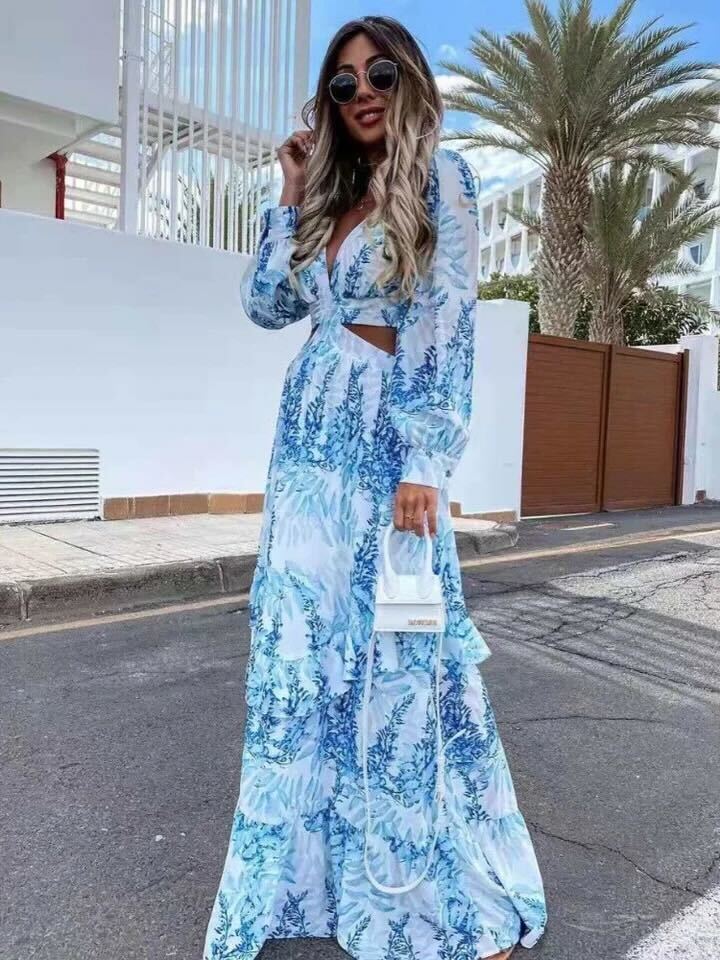 Heidi-Mode | Elegantes Langarm-V-Ausschnitt-Kleid mit Muster