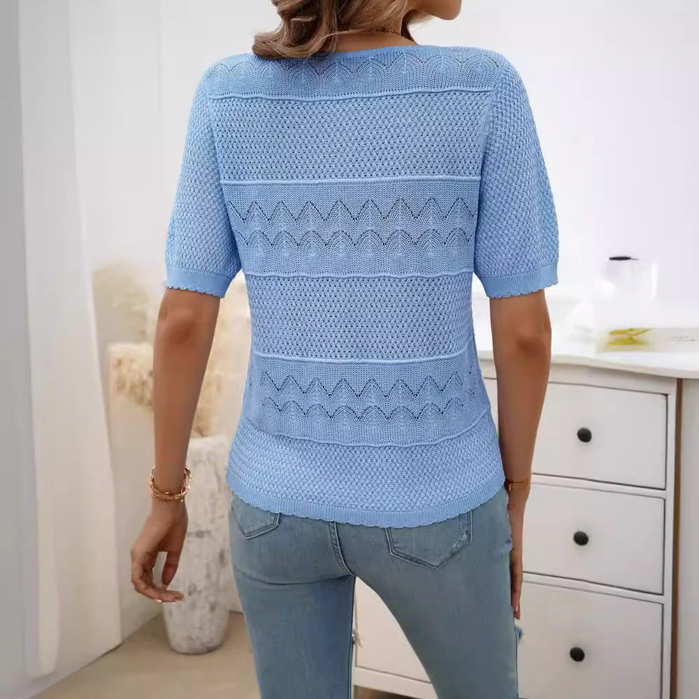 Heidi-Mode | Eleganter Rundhals Hohler Kurzarm Pullover Top - Image 3