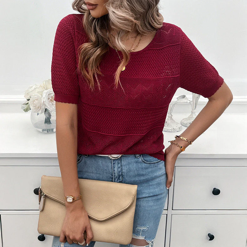 Heidi-Mode | Eleganter Rundhals Hohler Kurzarm Pullover Top - Image 5