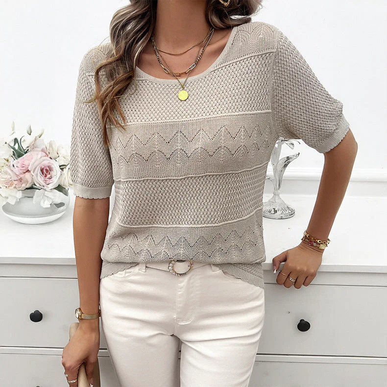 Heidi-Mode | Eleganter Rundhals Hohler Kurzarm Pullover Top - Image 9